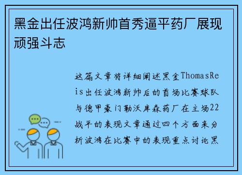黑金出任波鸿新帅首秀逼平药厂展现顽强斗志 黑金出任波鸿新帅首秀逼平药厂展现顽强斗志